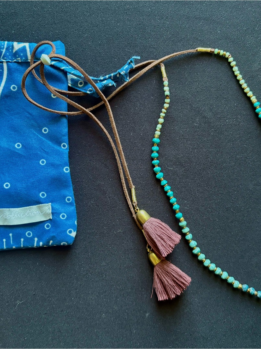 Noonday Collection Turquoise Beaded Necklace with Pink Tassels